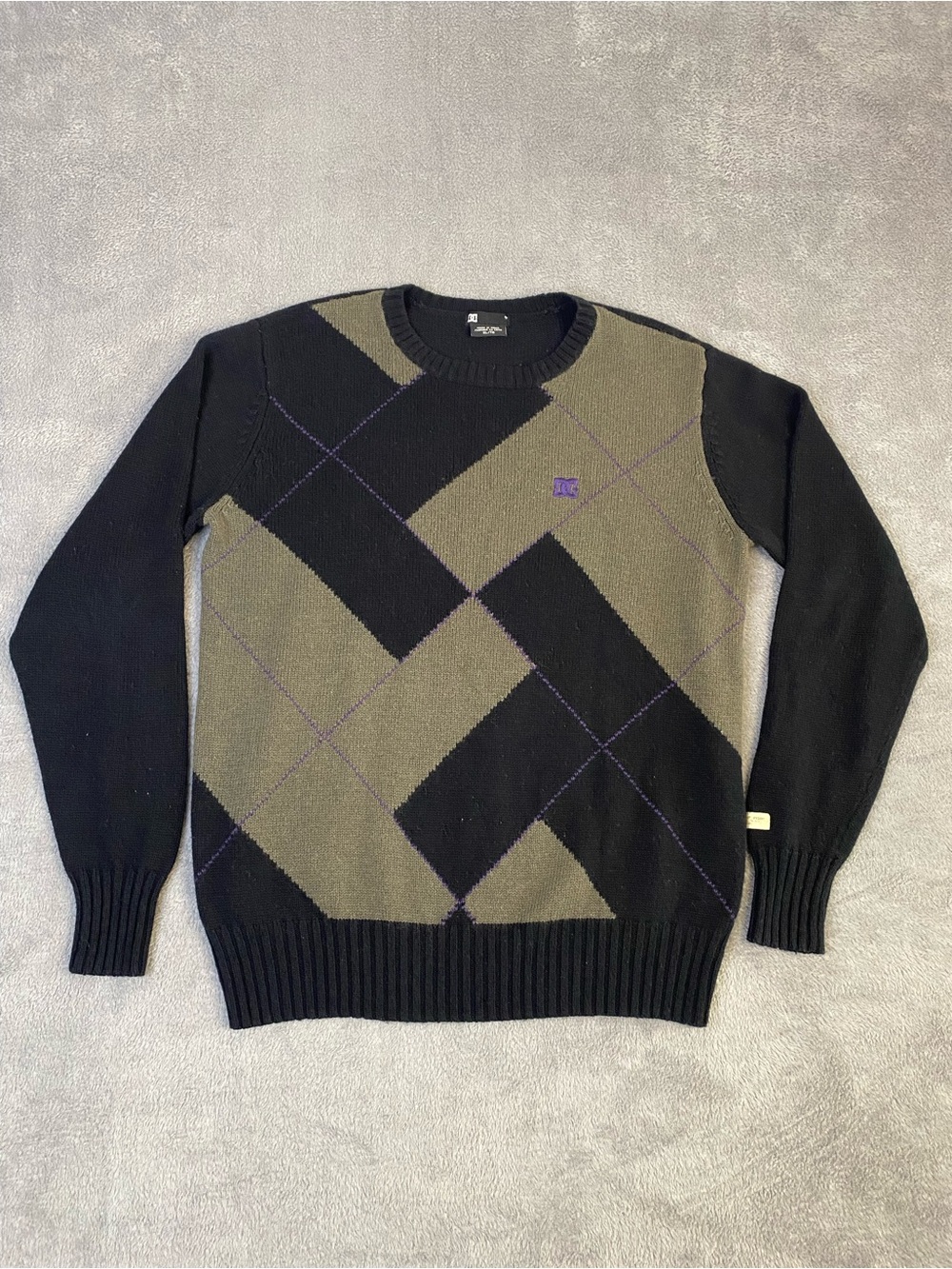 VTG DC Black Purple Argyle Wool Blend Crewneck Sweater XL Grey Dark Academia Y2K